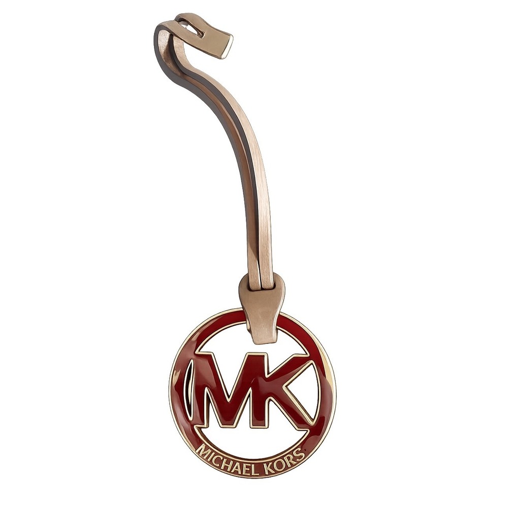Michael‎ Kors Gold Tone Burgundy Enamel MK Logo Leather Handbag Charm Keychain